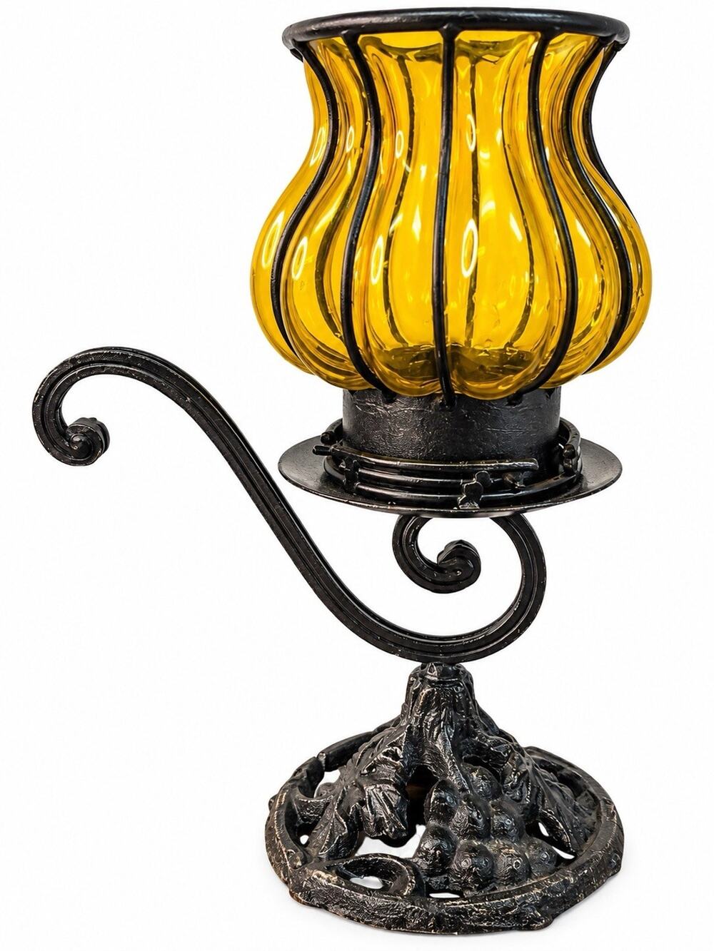 Vintage Cast Iron Hurricane Candle Holder Amber Glass Grape Vine Base 11.5”